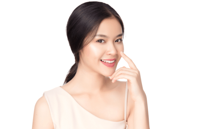 Asian girl with perfect face shape hand touching nose